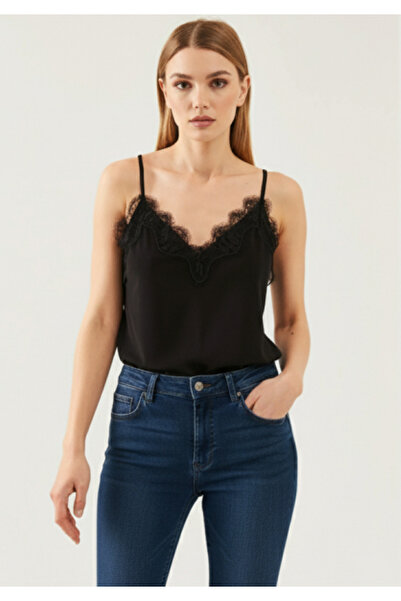 peralist Women's Black Lace Detailed Sandy Blouse with Adjustable Ring Straps