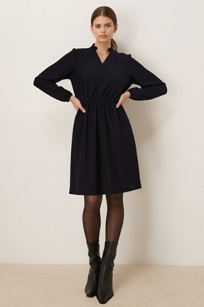 armonika Women's Navy Blue Velvet V-Neck Elastic Waist Slim Ribbed Flared Dress Arm-25K001049