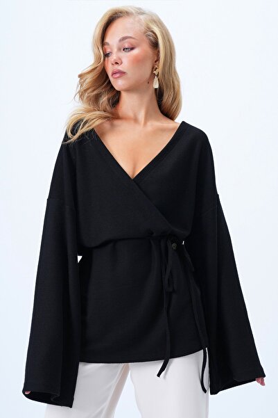 Trend Alaçatı Stili Kobieta Czarna Kurtka z V-krójem i wiązaniem ALC-X14410