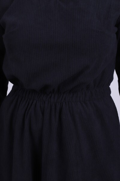 armonika Women's Navy Blue Velvet V-Neck Elastic Waist Slim Ribbed Flared Dress Arm-25K001049