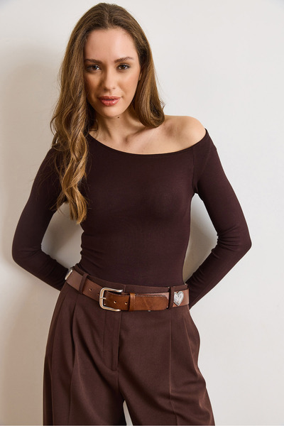 Olalook Women's Brown Asymmetrical Neckline Very Soft Textured Stretchy Bodysuit Bdy-00000067