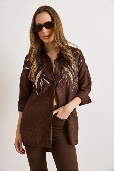 Olalook Women's Bitter Brown Sequin Wool Effect Oversized Winter Shirt Gml-19001157