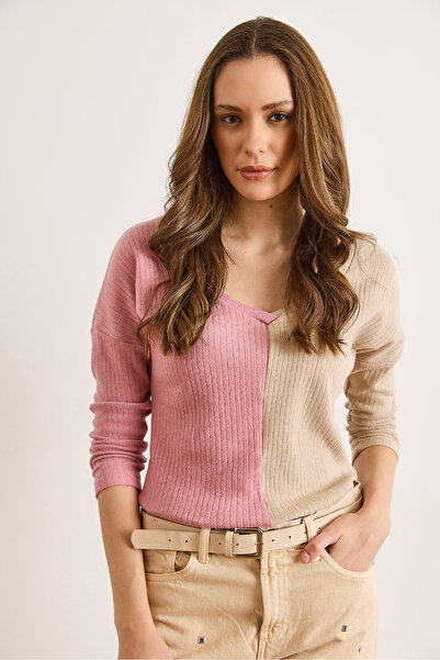 Olalook Women's Dusty Rose Camel Blocky Fleece-Lined Loose Blouse Blz-19002519