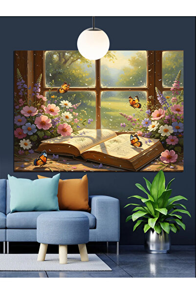 Artmeg Flowers and Book in Front of the Window Decorative Canvas - Mdf Wood P...