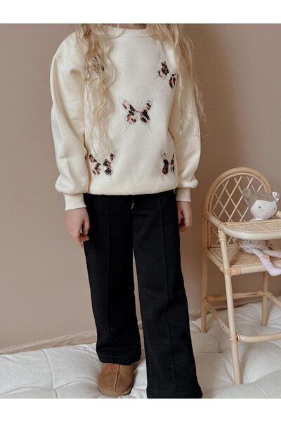 Patriko New Season Fleece Lined Wide-Leg Pants with Butterfly Stone Details in Black-Beige Color Stylish Top and Bottom Set for Girls