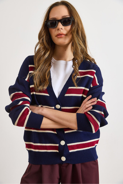 Olalook Women's Navy Blue Claret Red Striped Oversized Knitwear Cardigan Hrk-19000446