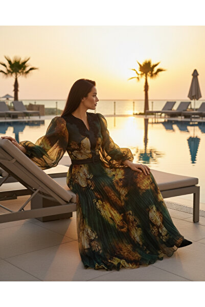 MODA RENKLİ BALON KOL PİLELİ ABİYE ELBİSE