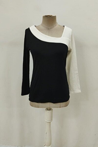 Mossta Geometric Collar Double Color Viscose Blouse - Black