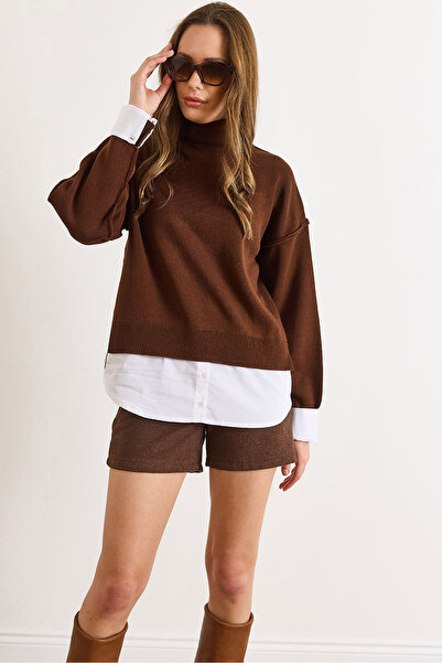 Olalook Women's Brown Shirt Detailed Mock Neck Knitwear Sweater Kzk-19001086