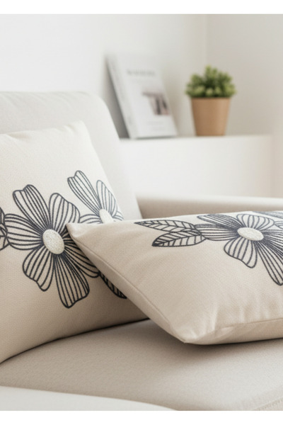 Destiva Home Buldan İşi Black Daisy Pattern Embroidered Throw Pillow Cover - 2 Pieces Throw Pillow Cover (30X50Cm)