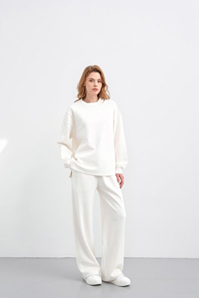 Basicpark Ecru Women's Oversized Pique Textured Wide Leg Top and Bottom Set