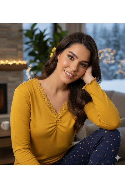 Miss Meryem Sarı Ring Viskon Dantel Detaylı Uzun Kol Pijama Takım