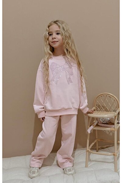 Patriko Girl's Dusty Pink Color Inner Fleece Big Stone Bow Winter New Season Stylish Bottom-Up Top Set