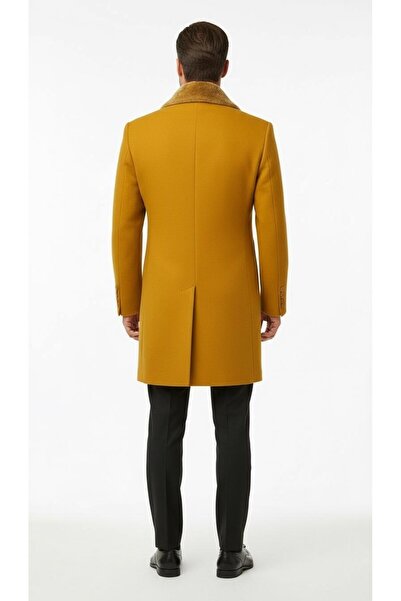 Plus Scorpion Men's Long Cashmere Coat – Detachable Fur Collar, Lined and with Pockets Slim Fit Coat