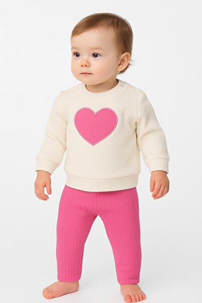 dinamik çocuk Baby Girl Heart Patterned Sleeve Detailed 2-Piece Top and Bottom Sweat and Sweatpants Set 3-6-9-12 Months