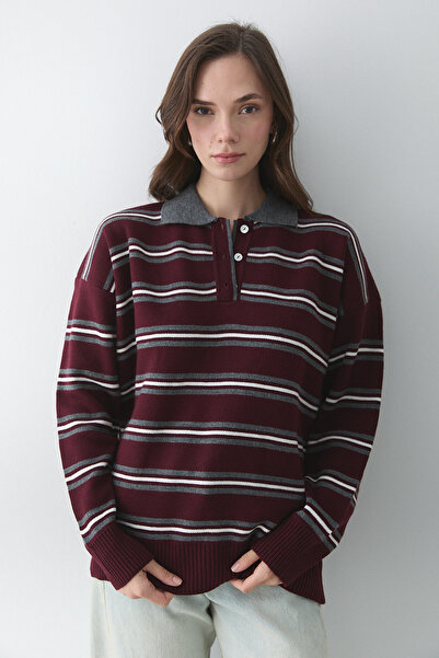 Laluvia Burgundy - Anthracite Polo Neck Sweater - 241248
