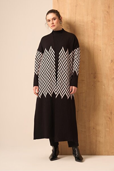 FTZ WOMEN Γυναικεία ριγέ μακριά ζακέτα μαύρη 25143