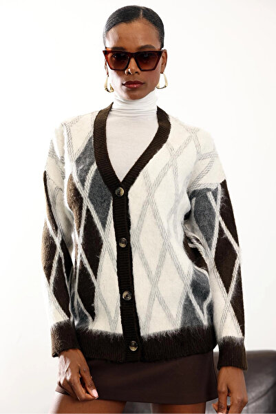 My Blog Dunkelbraun - Cremefarbene Strickjacke mit Baklava-Muster - 251090