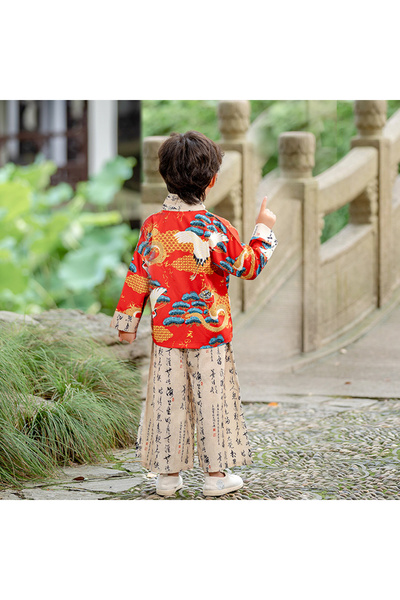 LiangSanZhi Hanfu Boys Long Style Floral Shirt & Wide-Leg Pants Set, Lightweight New Chinese Style Tang Suit