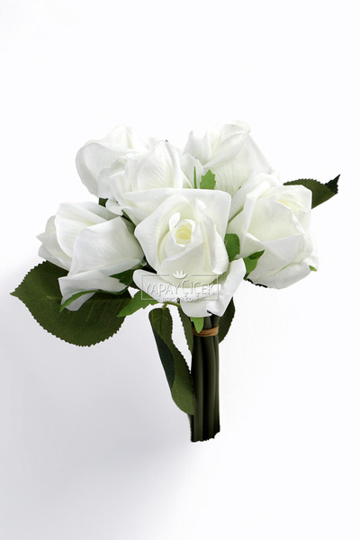 Yapay Çiçek Deposu Artificial Premium 6-Piece Wet Gonca Rose Bouquet 25 cm White