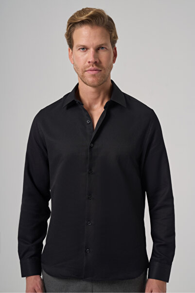Morven Men's Black Polyester Trend Patterned Dynamic Fit Italian Collar Shirt