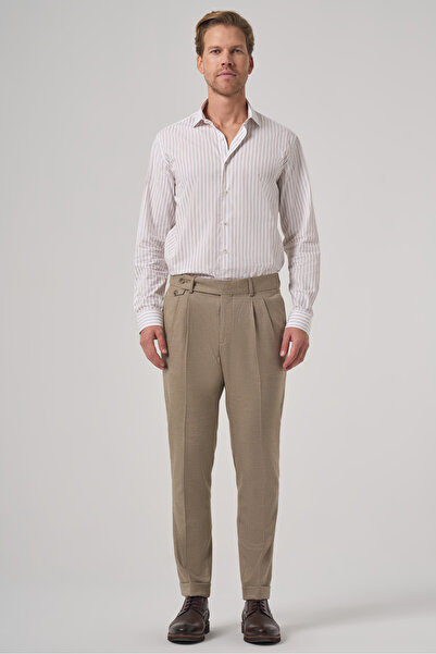 Morven Men's Beige Polyviscon Trend Patterned Slim Fit Double Pleated Trousers
