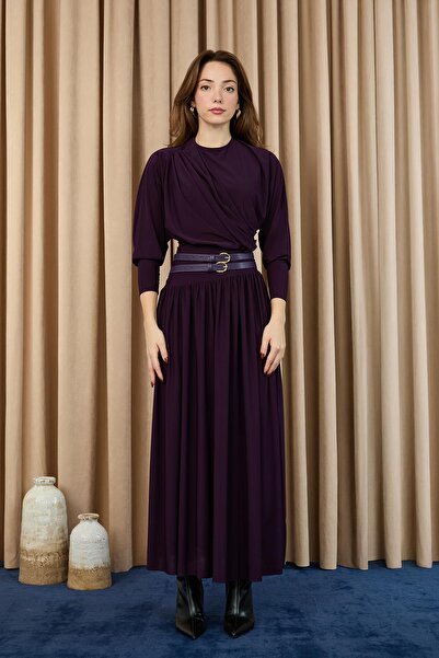 Puane Women's Drape Collar Belted Long Dress -12659Elb - Damson