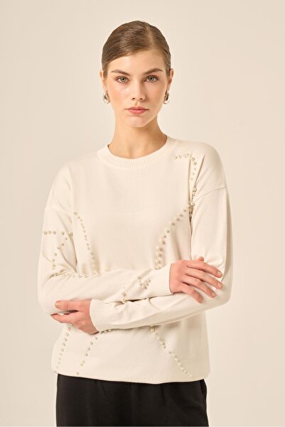 FTZ WOMEN Women's Pearl Detailed Sweater Ecru 25103