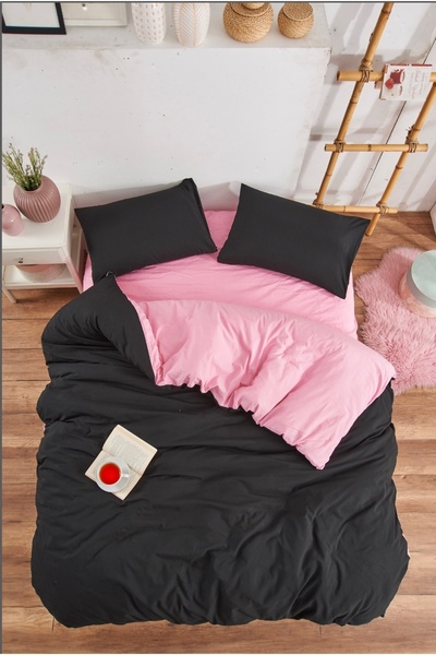 Publin Home طقم غطاء لحاف مفرد باللونين الأسود والوردي، وملاءة مرنة وغطاء وسا...