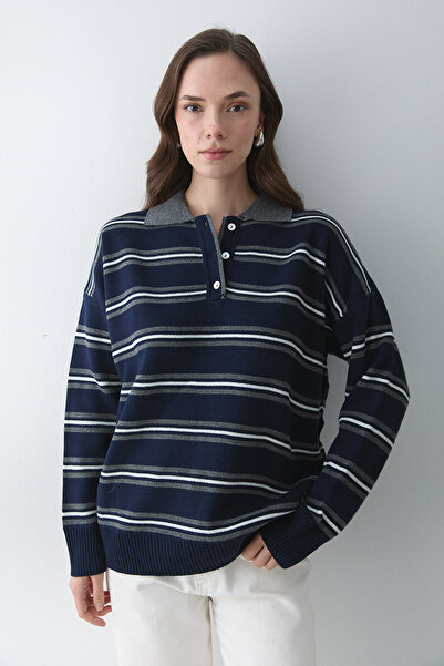 Laluvia Navy Blue - Anthracite Polo Neck Sweater - 241248