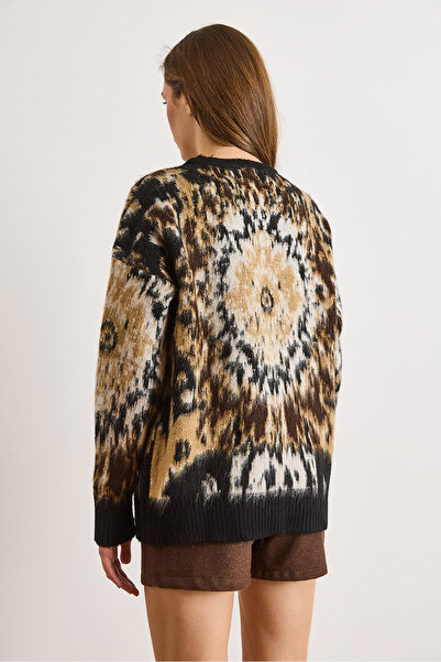 Olalook Women's Brown Fleece-Lined Patterned Oversized Thick Knitwear Sweater Kzk-19001081