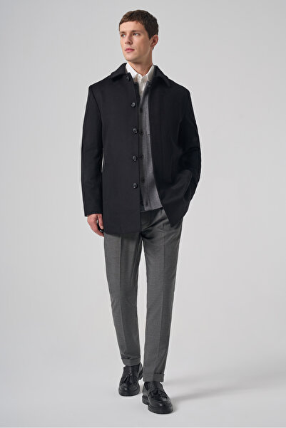 Morven Men's Black Buttoned Berber Collar Dynamic Fit Coat