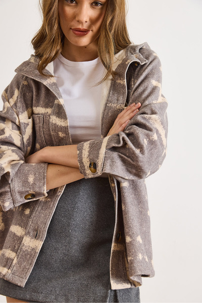 Olalook Women's Gray Cashmere Textured Hooded Thick Buttoned Jacket Ckt-19000498