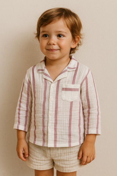 Çeşme Home Children's 100% Cotton Muslin Woven Long Sleeve Striped Shirt (2-3...