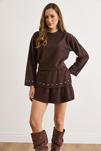 Olalook Women's Brown Staple Detailed Mini Winter Skirt with Shorts Etk-19000373