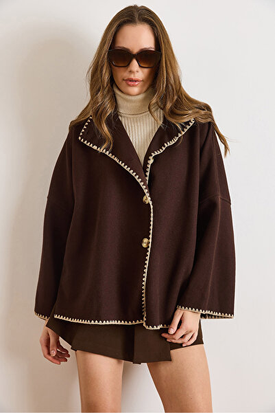 Olalook Women's Brown Pocketed Shepherd Stitched Unlined Oversized Cashmere Jacket Ckt-19000500