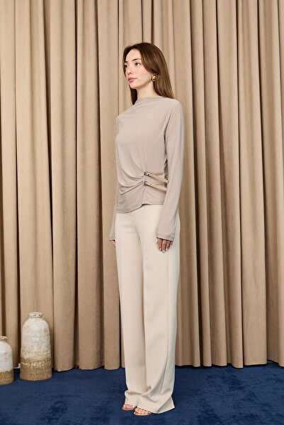 Loreen Women's Belt Detailed Blouse -20721Blz - Beige