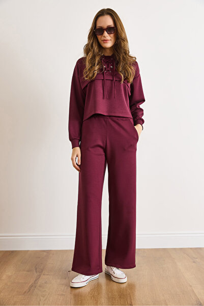 Olalook Women's Burgundy Eyelet Detailed Top with Pocket Bottom Tracksuit Set Etkm-0000090