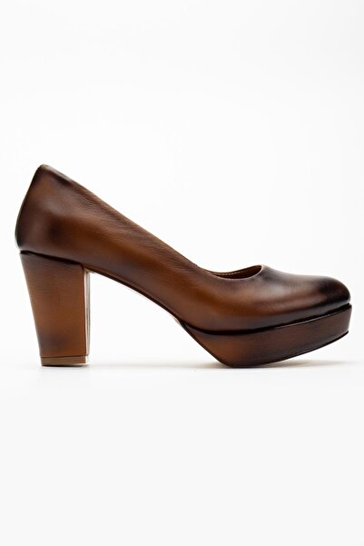 ALPELLİByAlp Women's Tan Genuine Leather Premium Design Low-Cut Low Platform Heeled Shoes