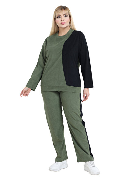 MELSAY Women's Plus Size Velvet Green-Black Color Block Tracksuit Set