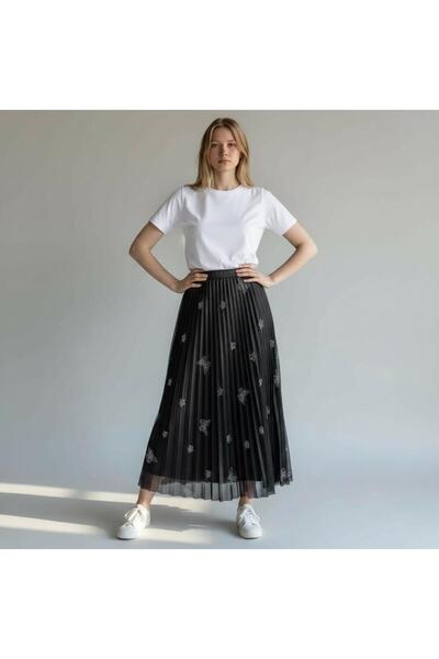 GÖMLEK GALERİSİ Pileli Deri Görünümlü Kelebek Taşlı Desenli Viskon Etek (38-48)