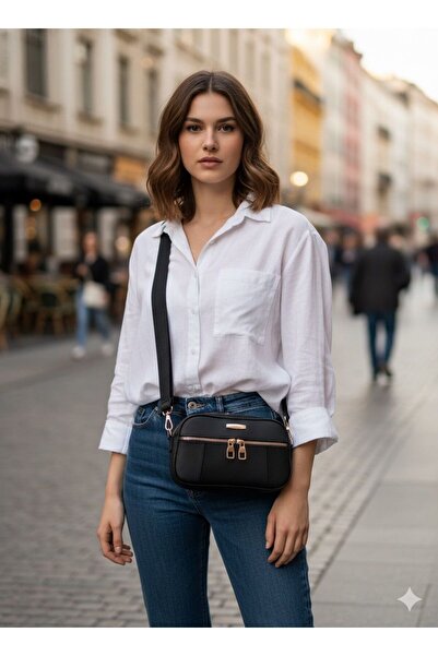 Rosmod Women's Three-Compartment Black Zippered Hand and Shoulder Bag