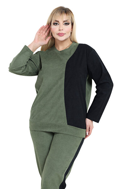 MELSAY Women's Plus Size Velvet Green-Black Color Block Tracksuit Set