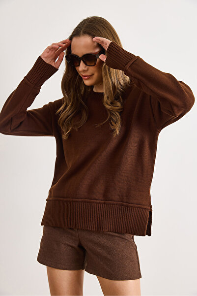 Olalook Women's Brown Cuffed Skirt Detailed Crew Neck Knit Sweater Kzk-19001087