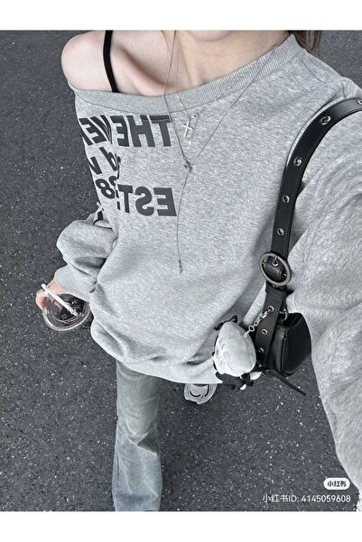 İsra Ayyıldız Moonstar Collection Gri Melanj The Mershier Omuz Dekolteli Y2K Uzun Sweatshirt