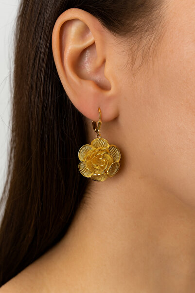 NYR Gold Silver Çiçek Desenli 22 Ayar Altın Kaplama Gümüş Küpe – Fransız Kili...