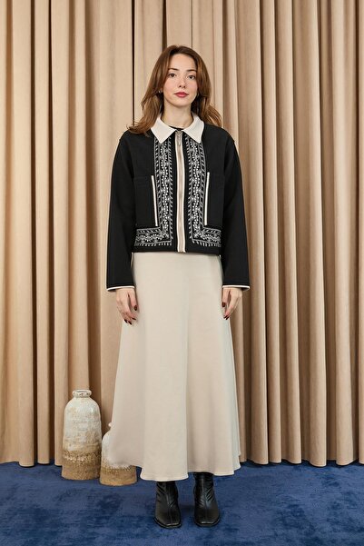 Loreen Γυναικείο Κοντό Παλτό με Κέντημα - 20719CKT - ΜΑΥΡΟ-ΜΠΕΙΓ