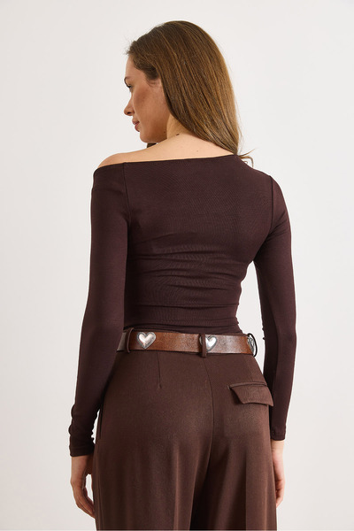 Olalook Women's Brown Asymmetrical Neckline Very Soft Textured Stretchy Bodysuit Bdy-00000067