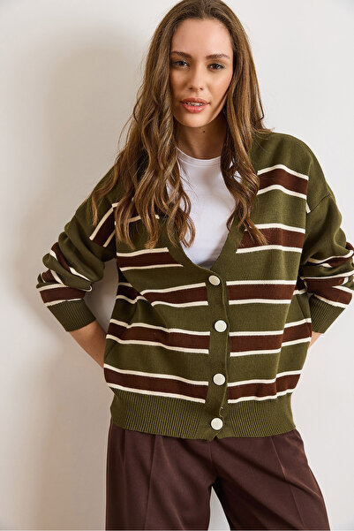 Olalook Women's Khaki Brown Striped Oversized Knitwear Cardigan Hrk-19000446