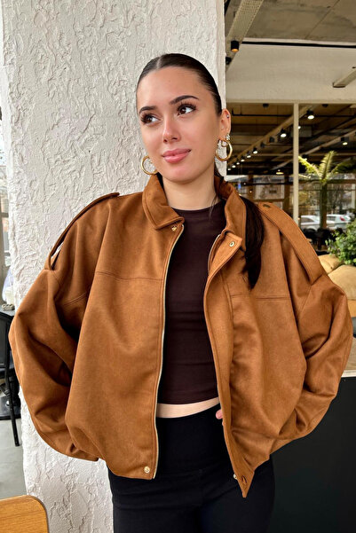Rich Women's Tan Oversized Suede Bomber Jacket